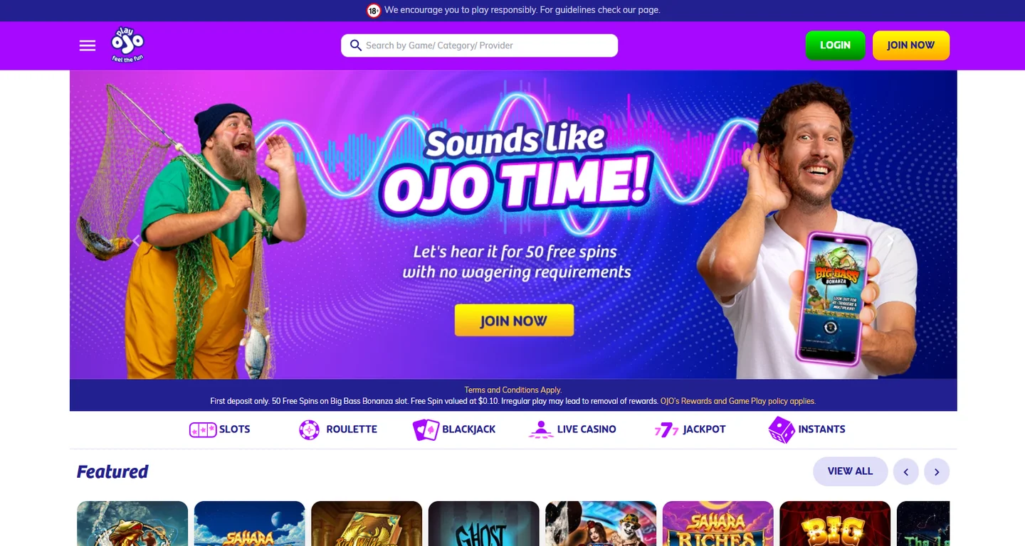 PlayOJO desktop view